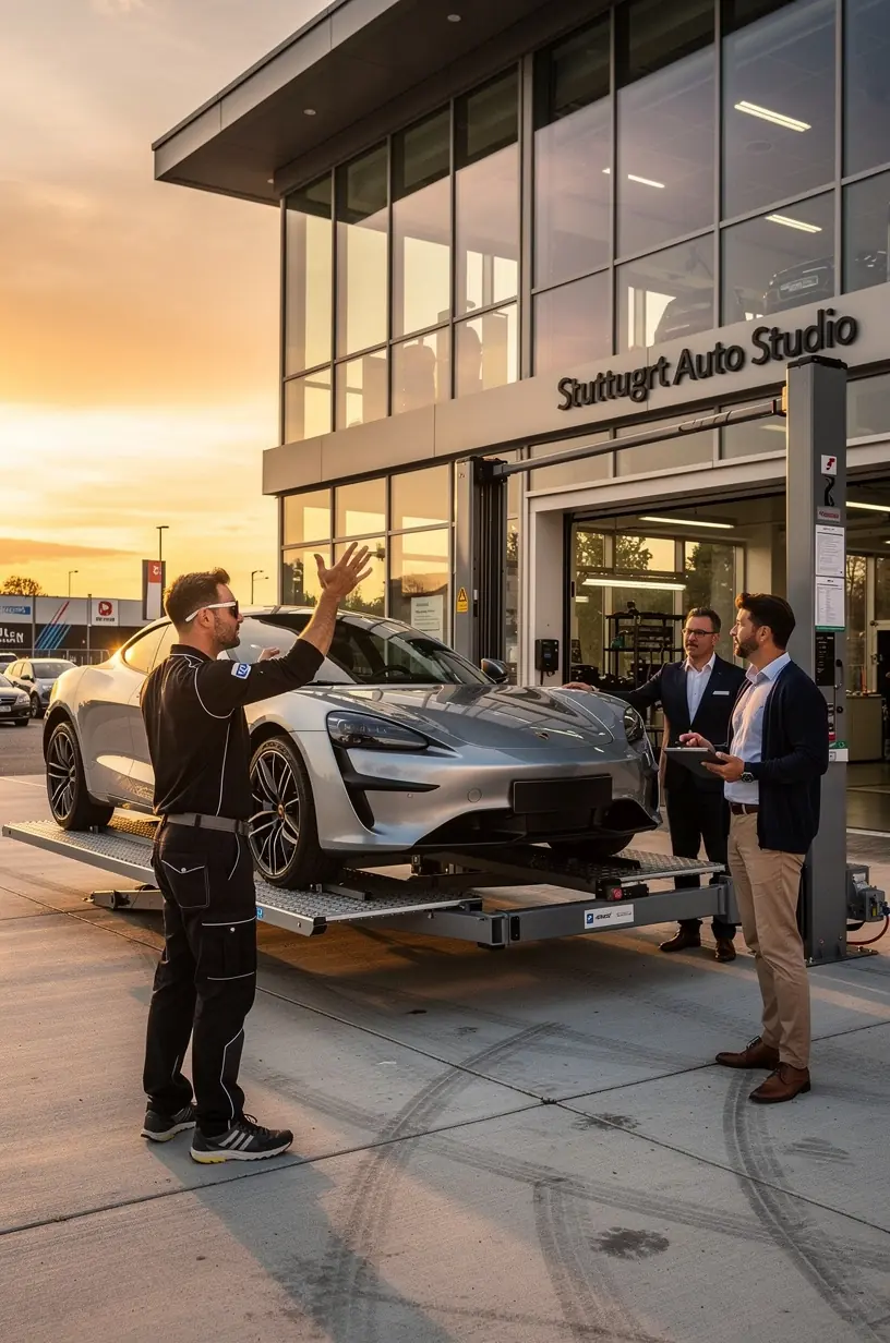 Beratungsgespräch zwischen Kunde und Fahrzeugexperten in einem stilvollen Auto-Service-Studio mit Fokus auf Premiumqualität.