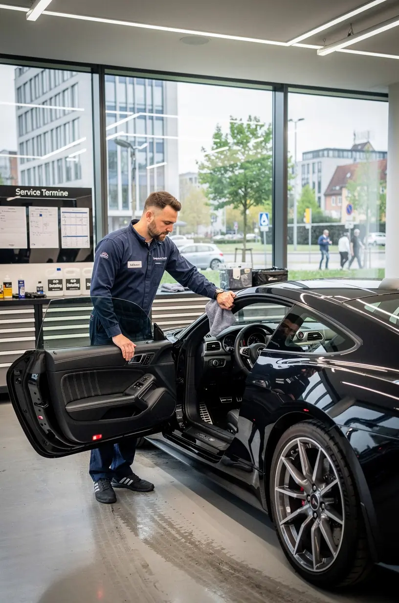 Innenraumreinigung eines Premiumfahrzeugs mit hochwertigen Reinigungsmitteln und professioneller Ausrüstung.